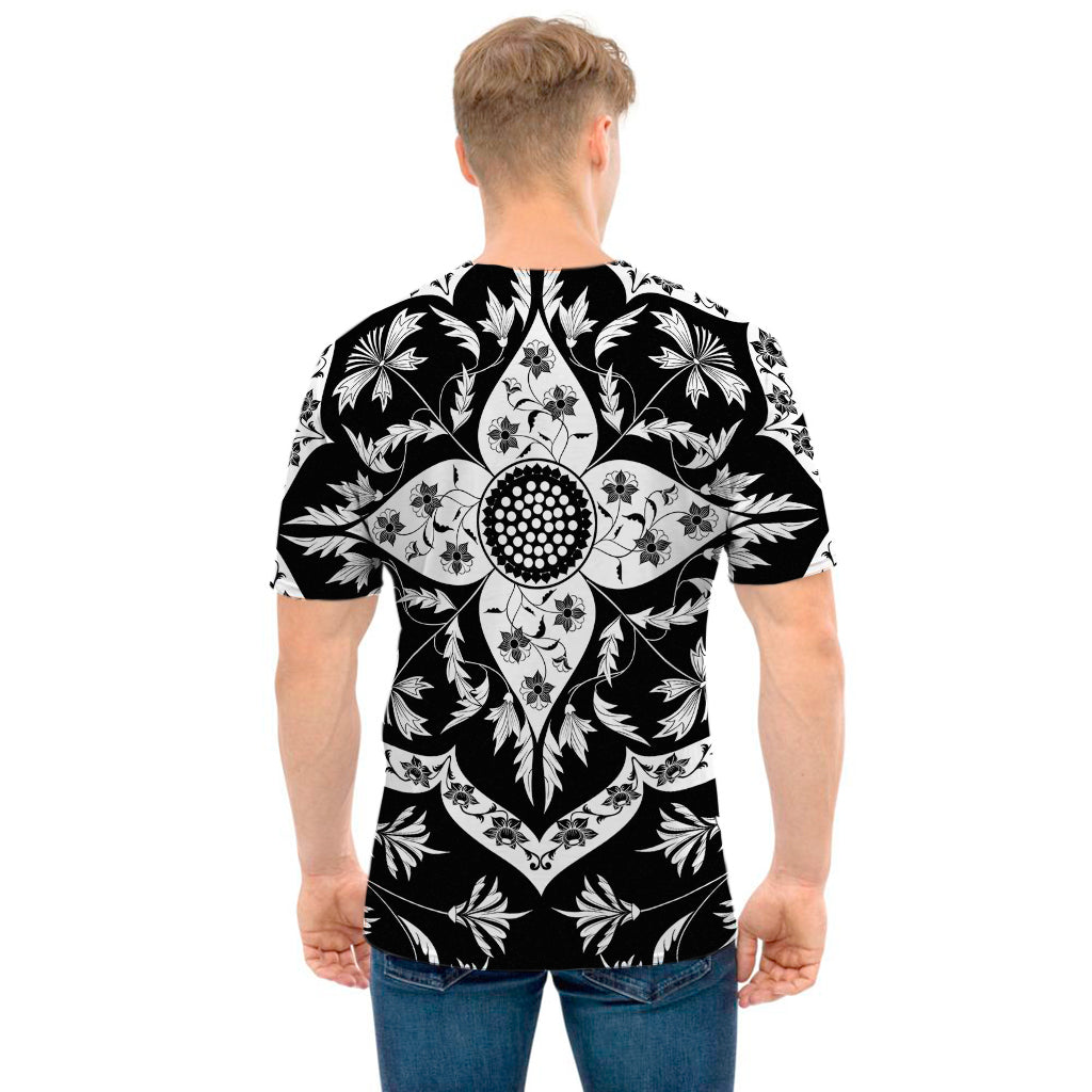 Black And White Lotus Mandala Print Men's T-Shirt