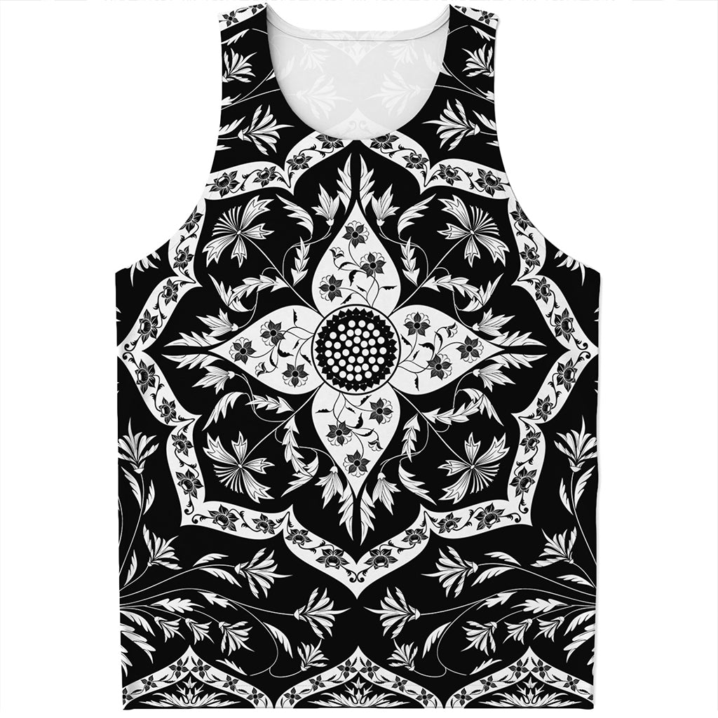 Black And White Lotus Mandala Print Men's Tank Top