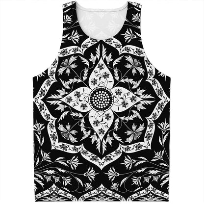 Black And White Lotus Mandala Print Men's Tank Top