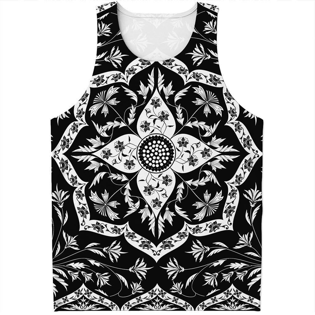 Black And White Lotus Mandala Print Men's Tank Top