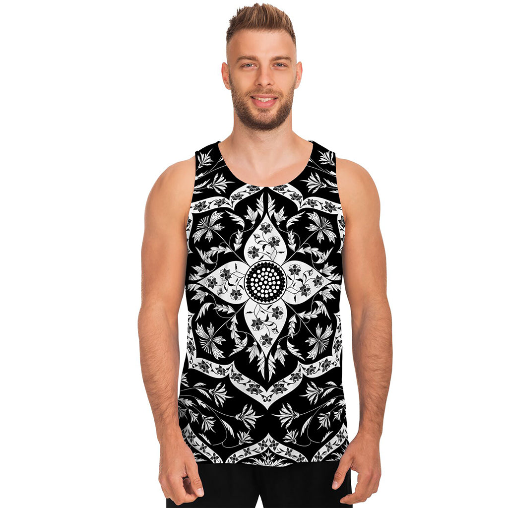 Black And White Lotus Mandala Print Men's Tank Top