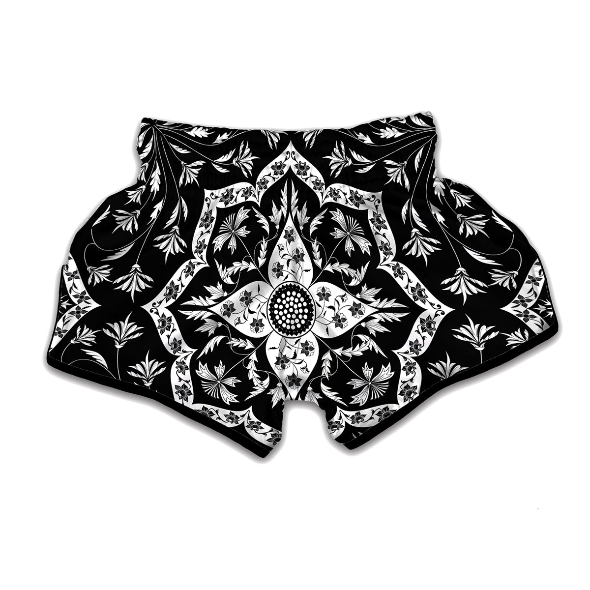 Black And White Lotus Mandala Print Muay Thai Boxing Shorts