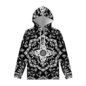 Black And White Lotus Mandala Print Pullover Hoodie