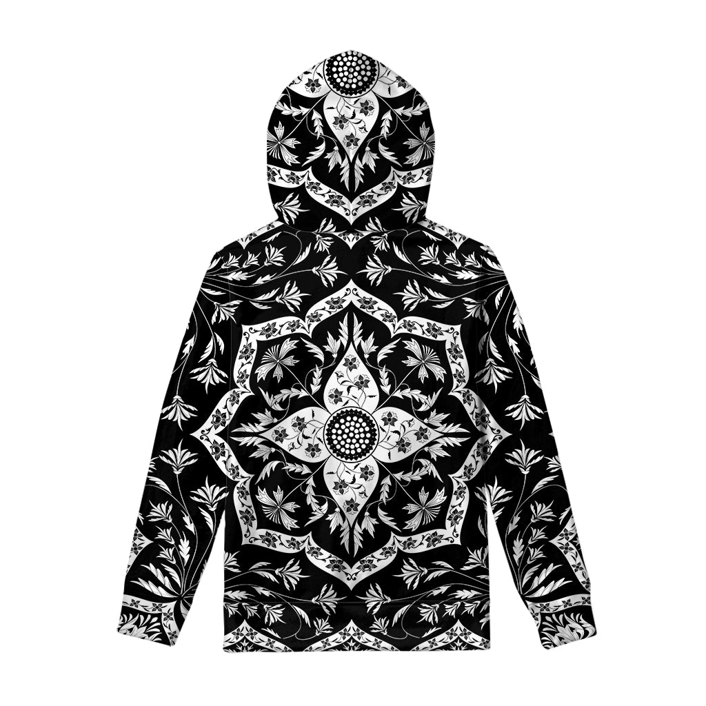 Black And White Lotus Mandala Print Pullover Hoodie