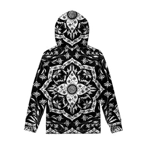 Black And White Lotus Mandala Print Pullover Hoodie