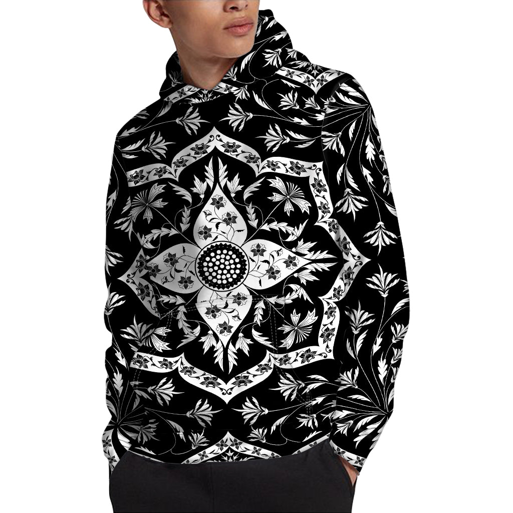 Black And White Lotus Mandala Print Pullover Hoodie