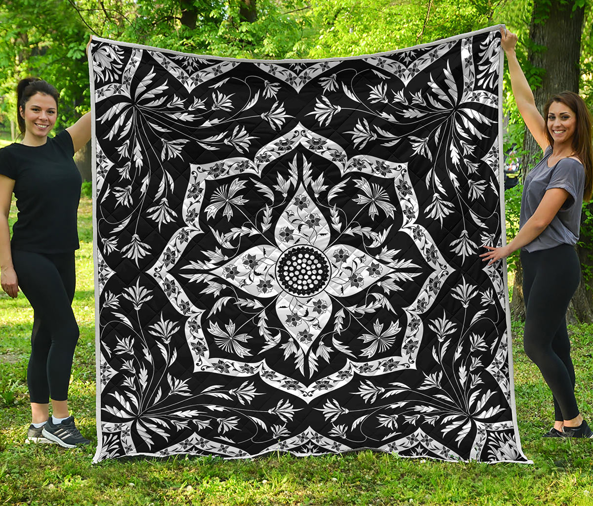 Black And White Lotus Mandala Print Quilt