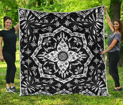 Black And White Lotus Mandala Print Quilt