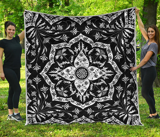 Black And White Lotus Mandala Print Quilt