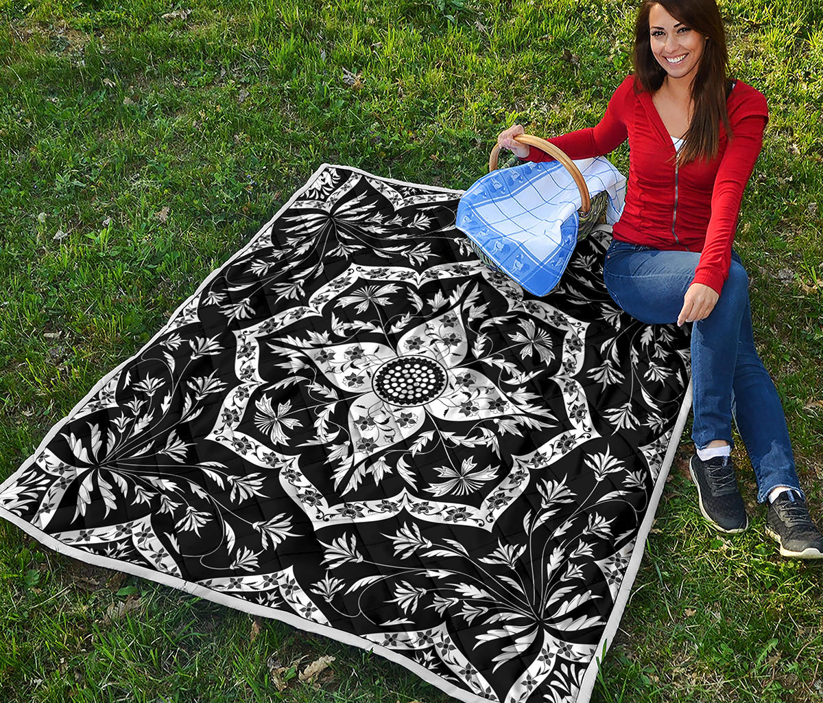 Black And White Lotus Mandala Print Quilt