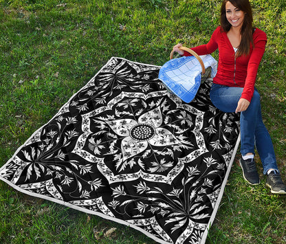 Black And White Lotus Mandala Print Quilt