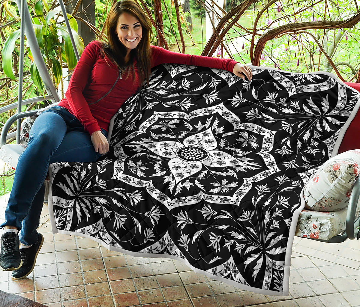 Black And White Lotus Mandala Print Quilt