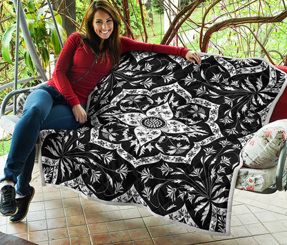 Black And White Lotus Mandala Print Quilt
