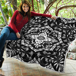 Black And White Lotus Mandala Print Quilt