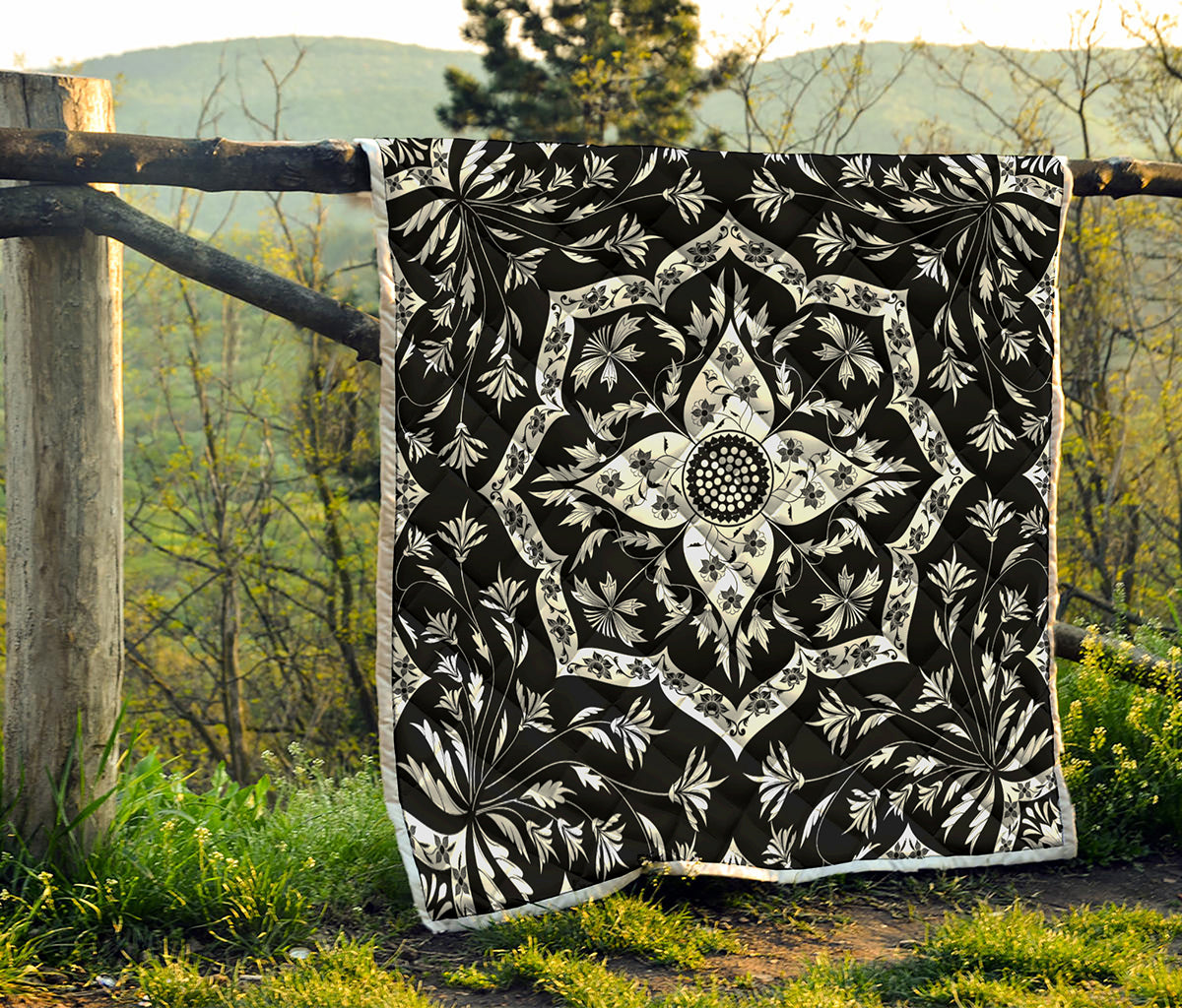 Black And White Lotus Mandala Print Quilt