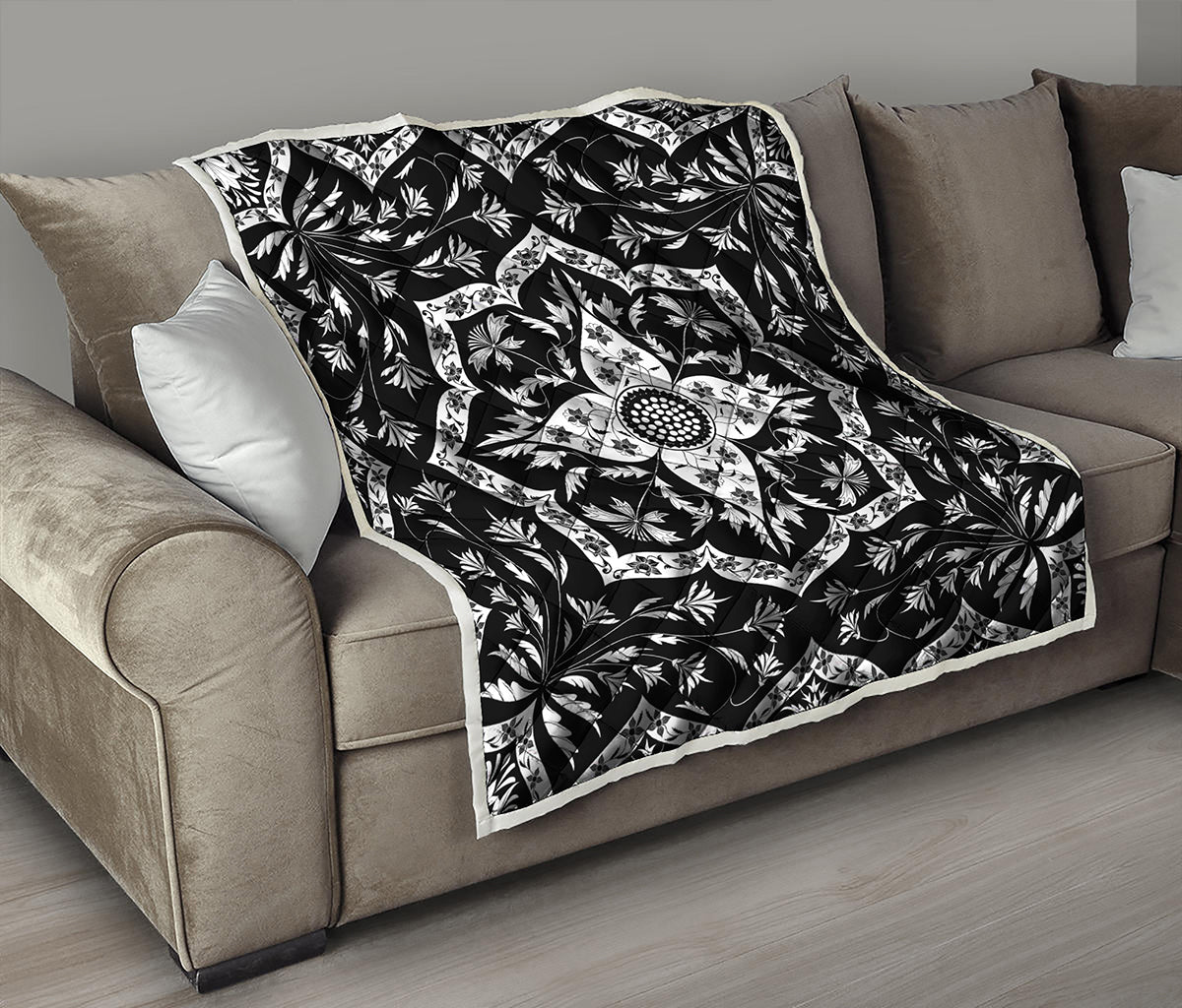 Black And White Lotus Mandala Print Quilt