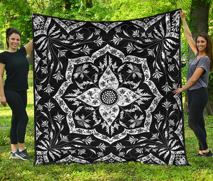 Black And White Lotus Mandala Print Quilt
