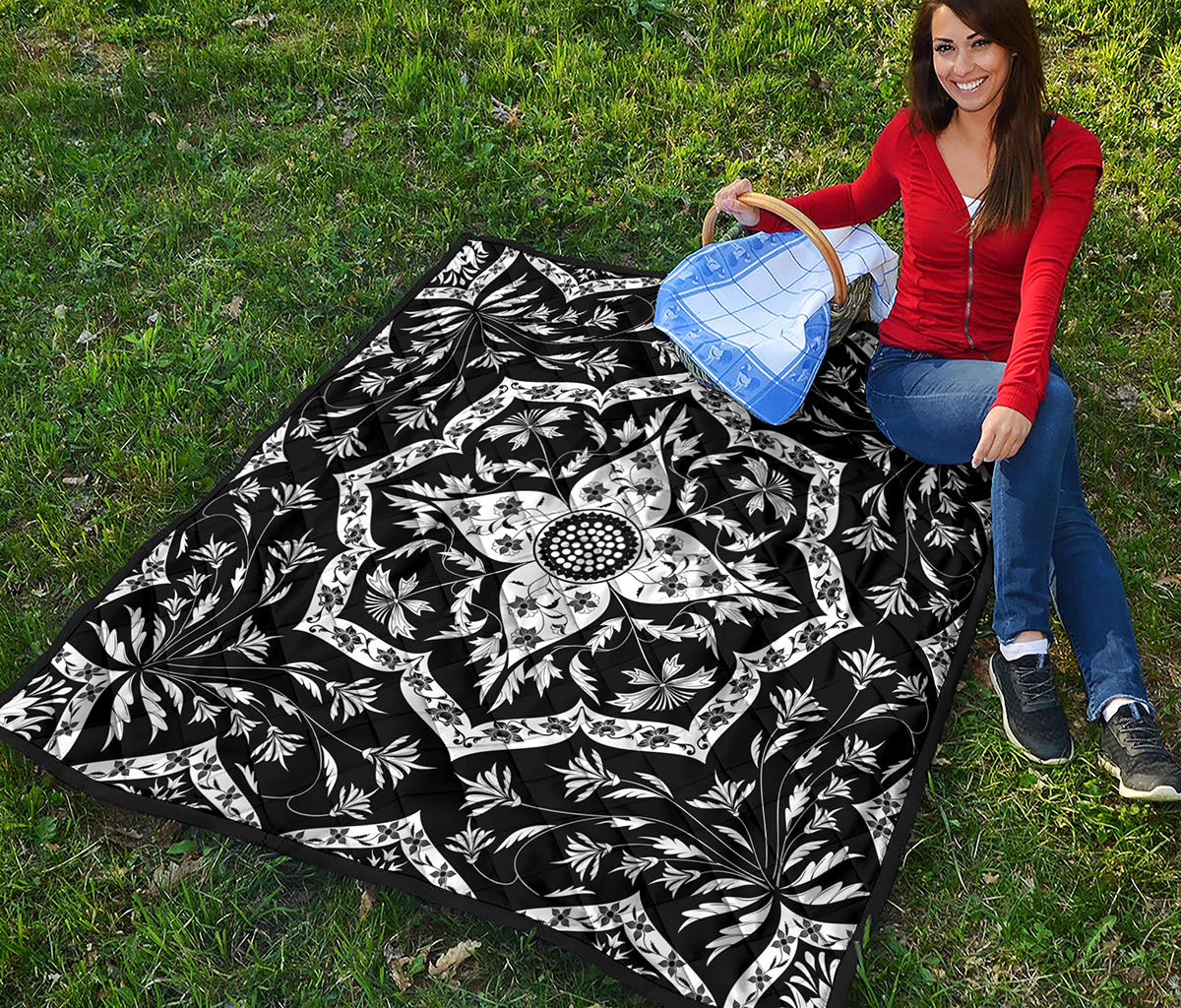 Black And White Lotus Mandala Print Quilt