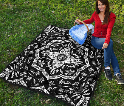 Black And White Lotus Mandala Print Quilt