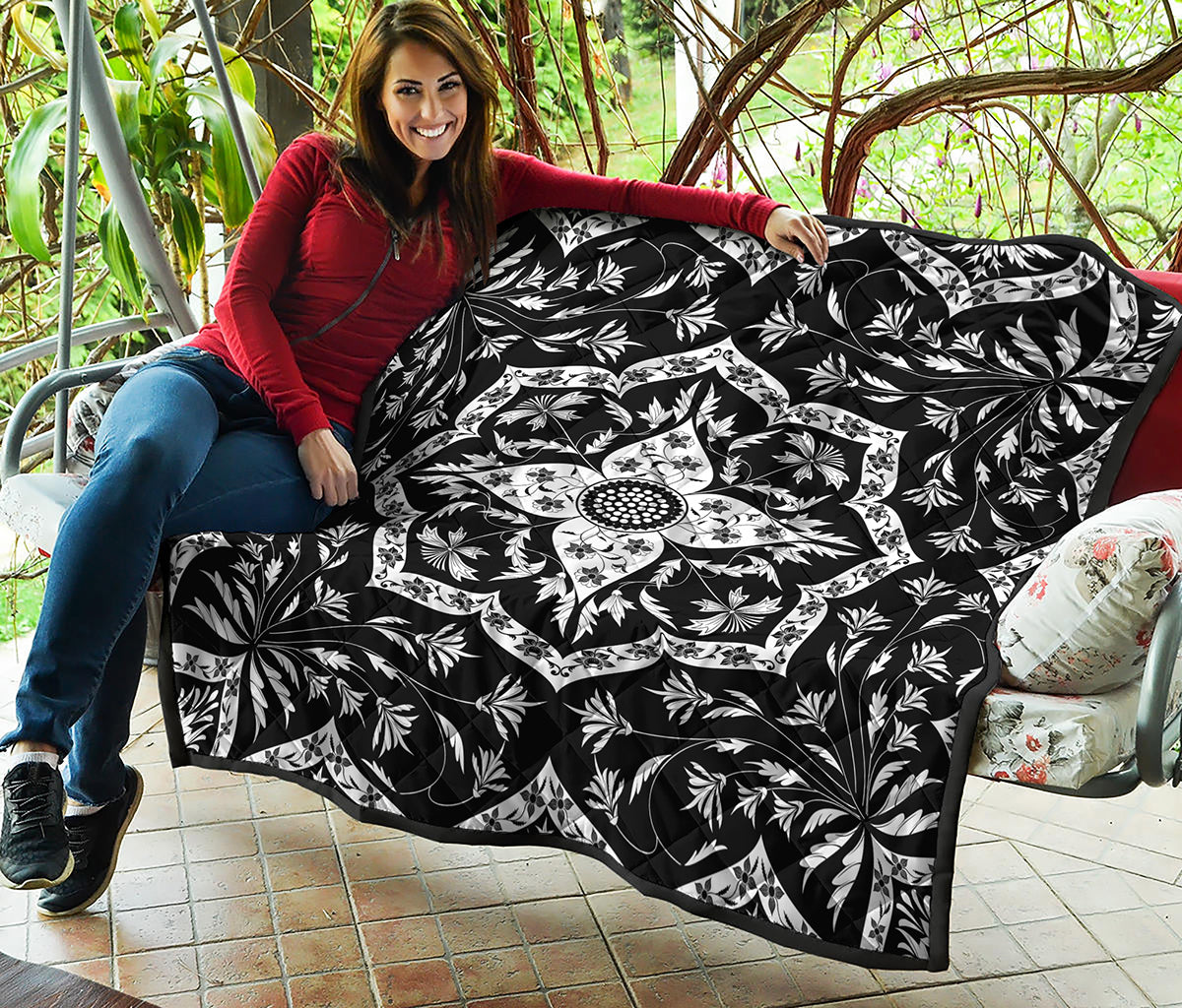 Black And White Lotus Mandala Print Quilt