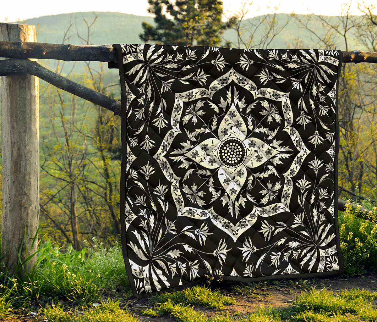 Black And White Lotus Mandala Print Quilt