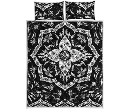 Black And White Lotus Mandala Print Quilt Bed Set