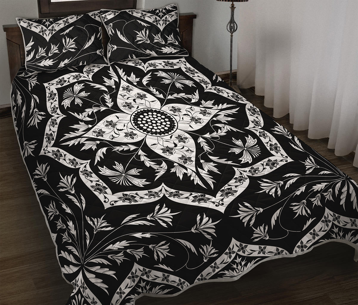 Black And White Lotus Mandala Print Quilt Bed Set