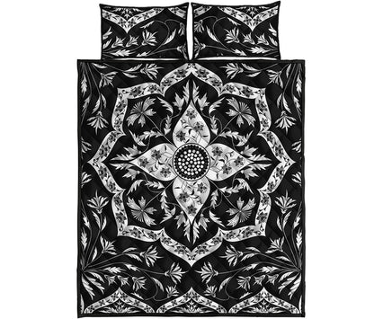 Black And White Lotus Mandala Print Quilt Bed Set