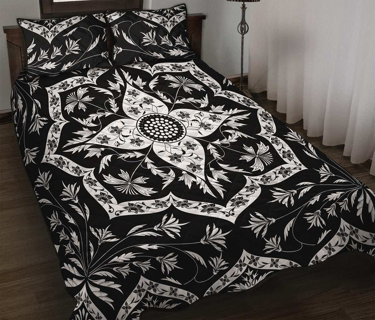 Black And White Lotus Mandala Print Quilt Bed Set