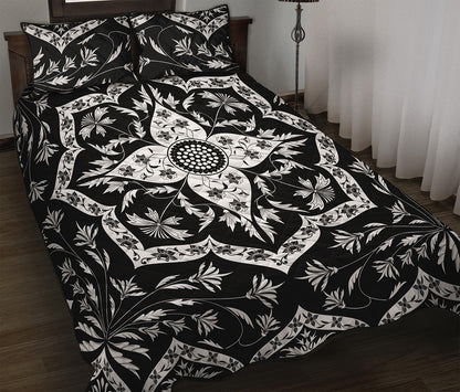Black And White Lotus Mandala Print Quilt Bed Set