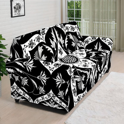 Black And White Lotus Mandala Print Sofa Cover