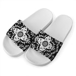 Black And White Lotus Mandala Print White Slide Sandals