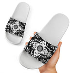 Black And White Lotus Mandala Print White Slide Sandals