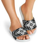 Black And White Lotus Mandala Print White Slide Sandals