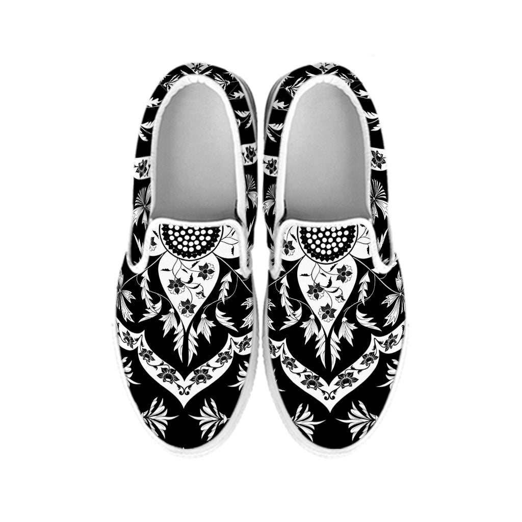 Black And White Lotus Mandala Print White Slip On Shoes