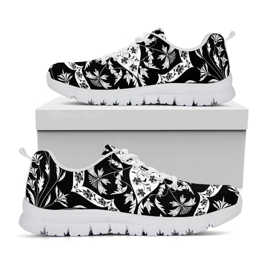 Black And White Lotus Mandala Print White Sneakers