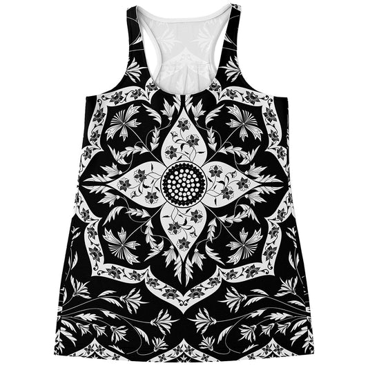 Black And White Lotus Mandala Print Women's Racerback Tank Top