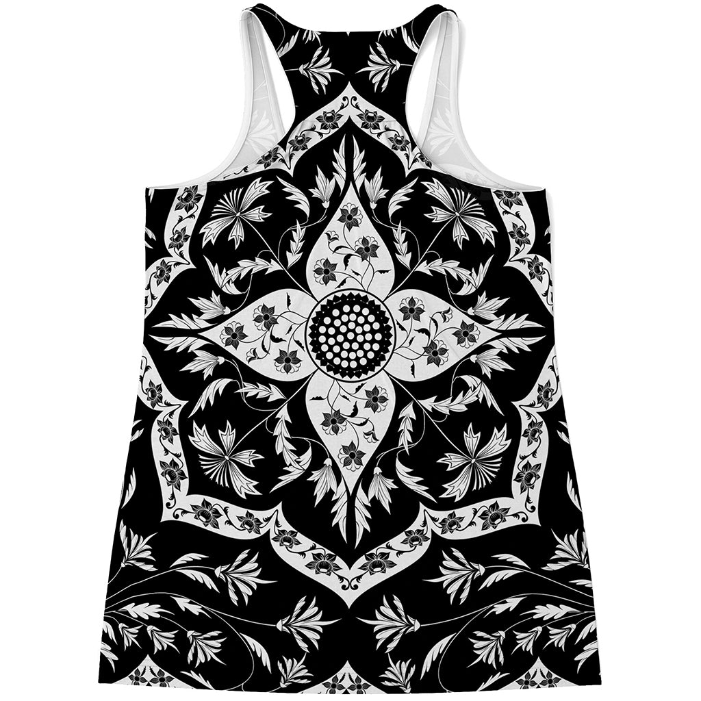Black And White Lotus Mandala Print Women's Racerback Tank Top