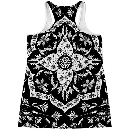Black And White Lotus Mandala Print Women's Racerback Tank Top