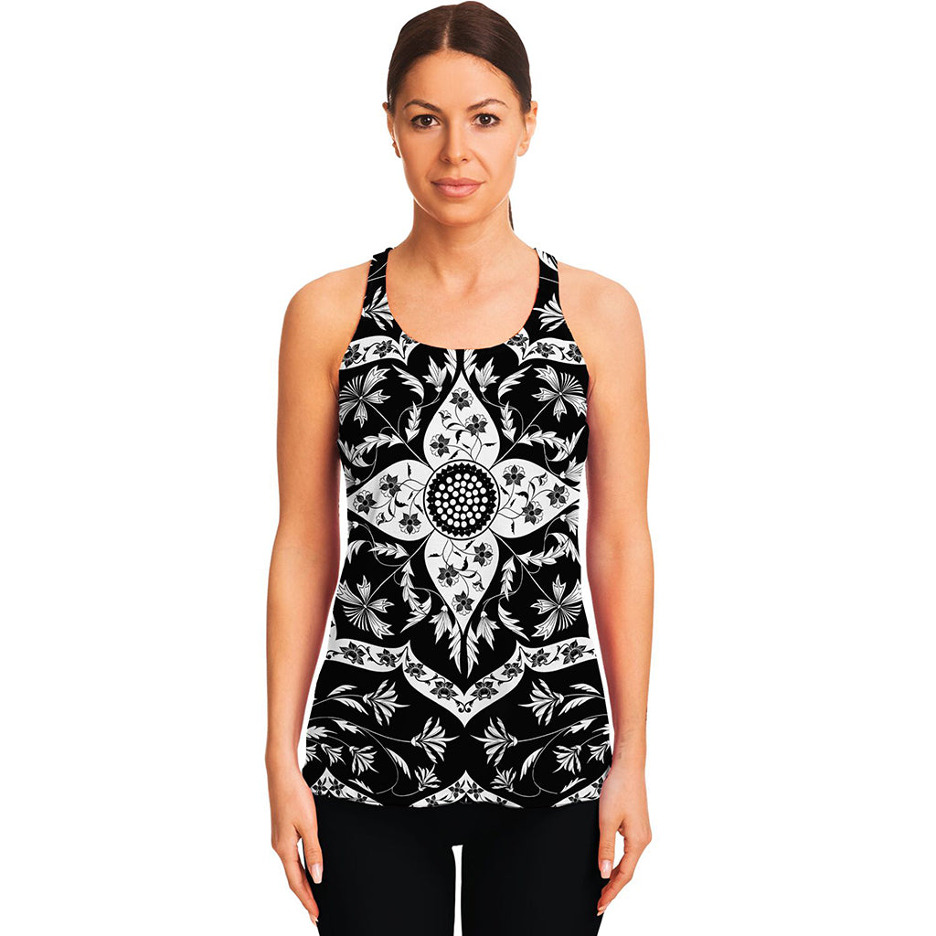 Black And White Lotus Mandala Print Women's Racerback Tank Top