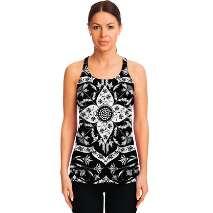 Black And White Lotus Mandala Print Women's Racerback Tank Top