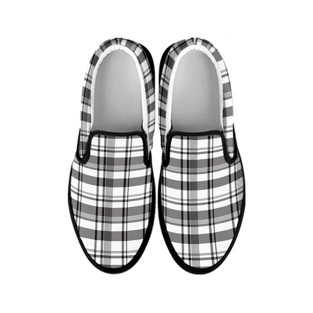 Black And White Madras Pattern Print Black Slip On Shoes