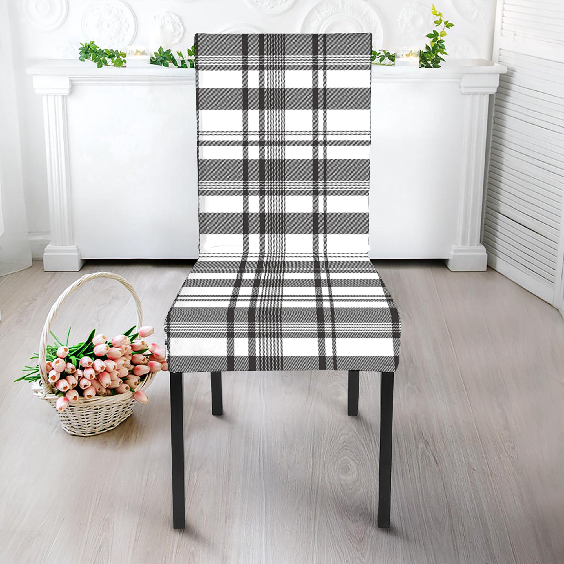 Black And White Madras Pattern Print Dining Chair Slipcover