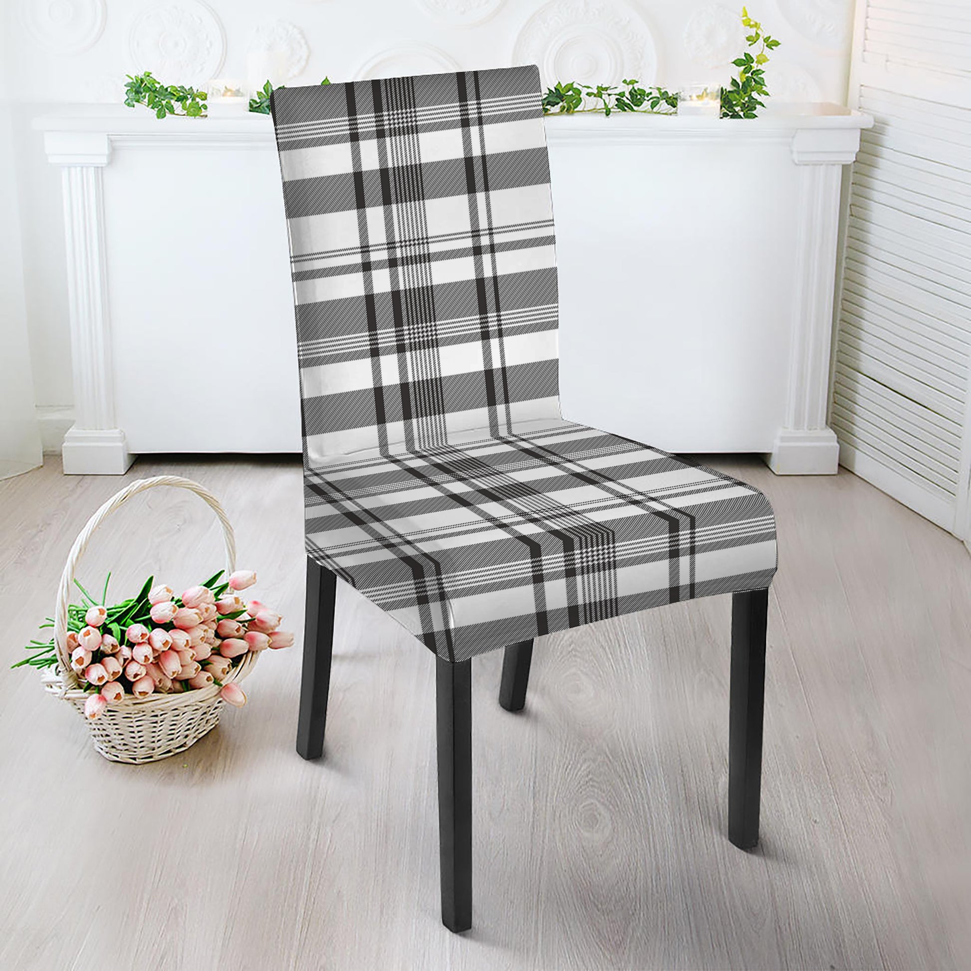 Black And White Madras Pattern Print Dining Chair Slipcover