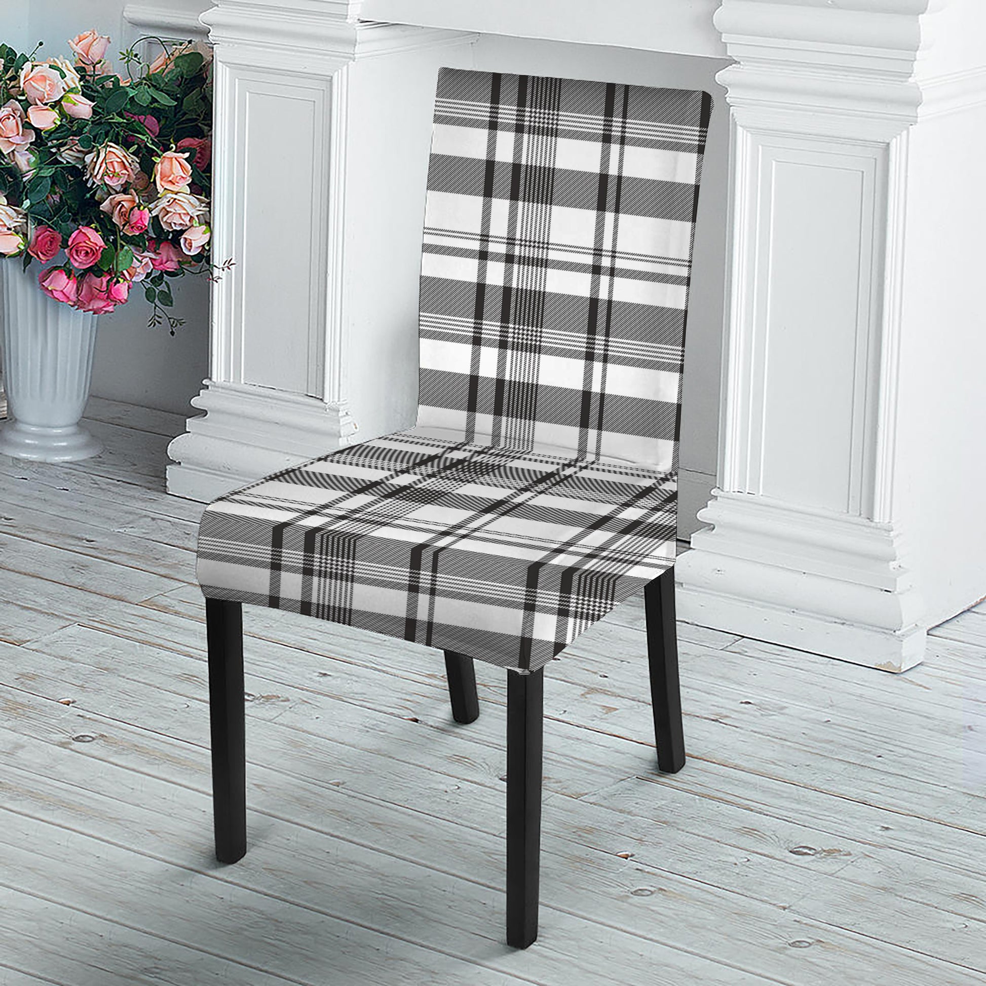 Black And White Madras Pattern Print Dining Chair Slipcover