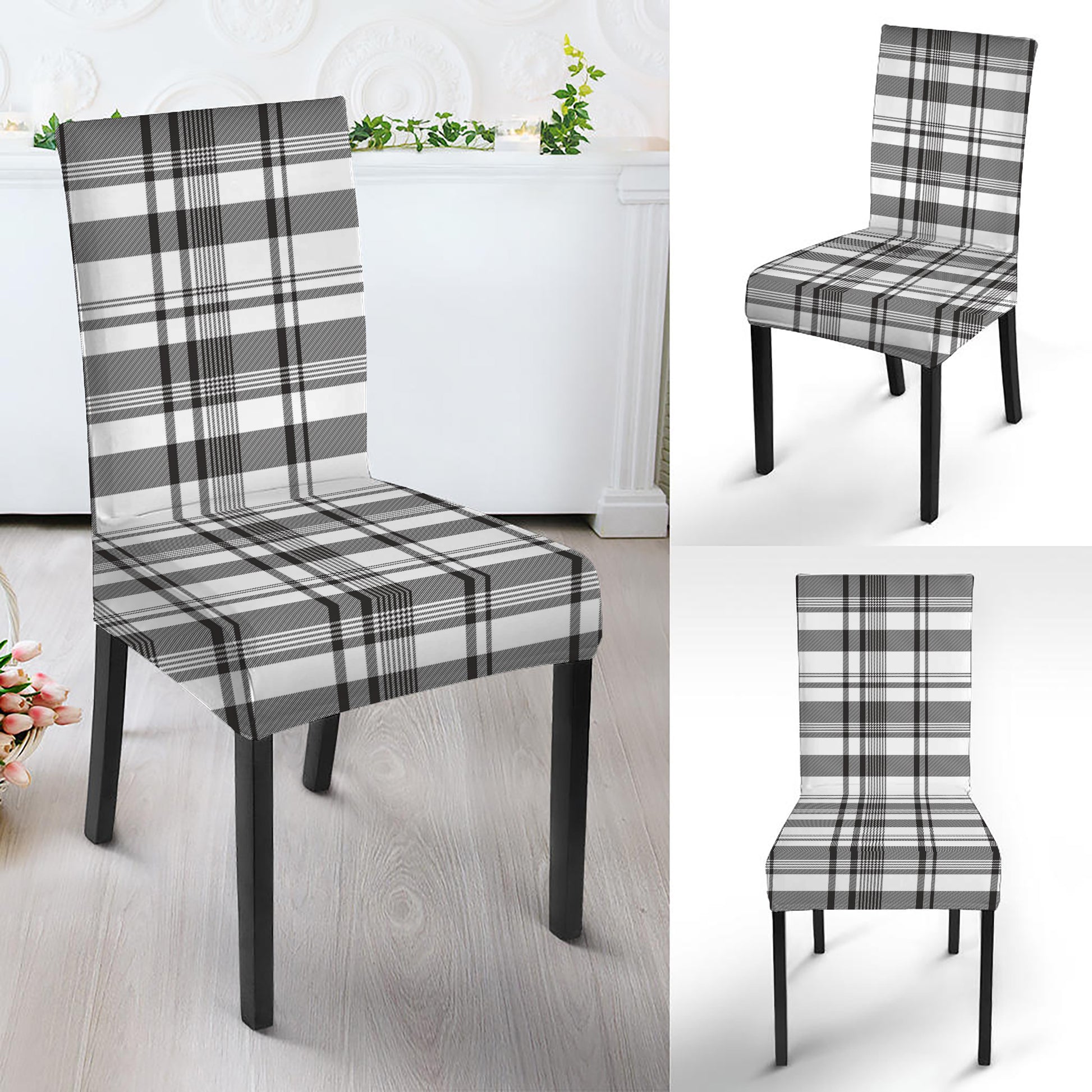 Black And White Madras Pattern Print Dining Chair Slipcover