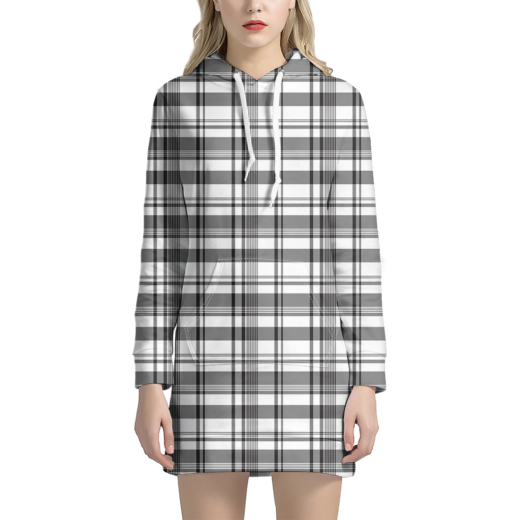 Black And White Madras Pattern Print Hoodie Dress