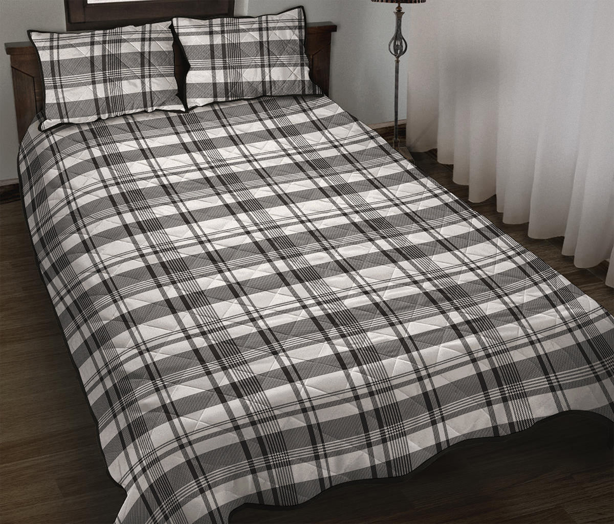 Black And White Madras Pattern Print Quilt Bed Set