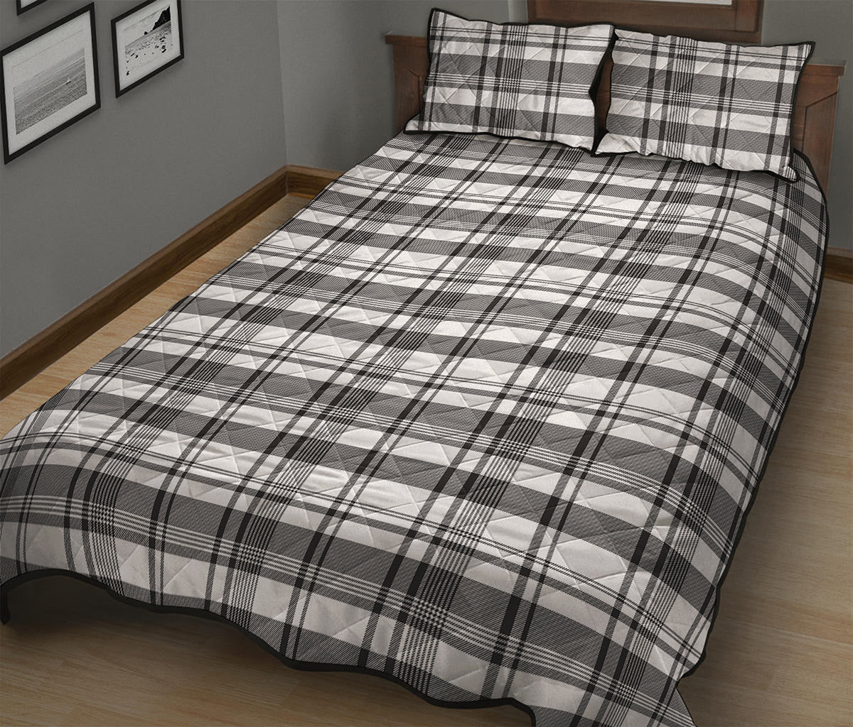Black And White Madras Pattern Print Quilt Bed Set