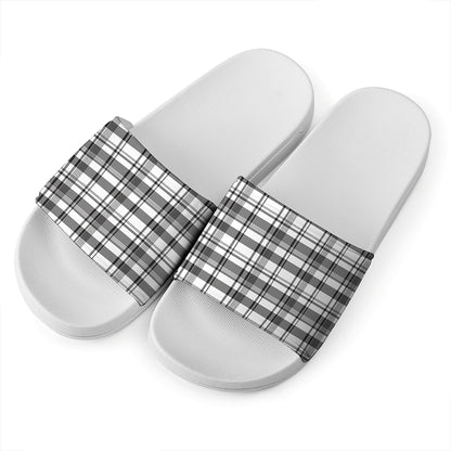Black And White Madras Pattern Print White Slide Sandals